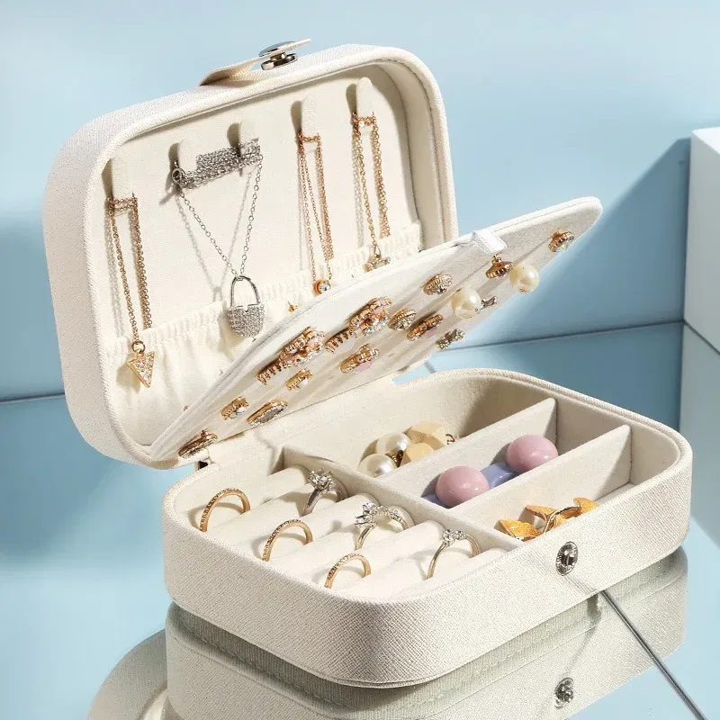 Color: WHITE - 2023 Portable Jewelry Box Jewelry Organizer Display Travel Jewelry Case Boxes Button Leather Storage Zipper Jewelers Joyero