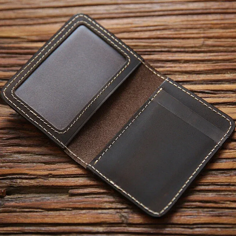 Color: Beige - Retro Crazy Horse Leather Cards Cases Mens Cowhide Credit Card Holder Wallet Handmade Ultra-thin Slim Drivers License ID Cover