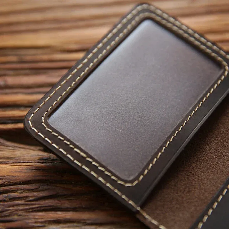 Color: Beige - Retro Crazy Horse Leather Cards Cases Mens Cowhide Credit Card Holder Wallet Handmade Ultra-thin Slim Drivers License ID Cover
