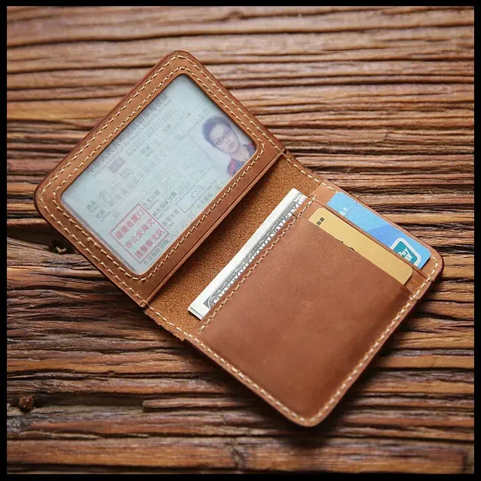 Color: Beige - Retro Crazy Horse Leather Cards Cases Mens Cowhide Credit Card Holder Wallet Handmade Ultra-thin Slim Drivers License ID Cover
