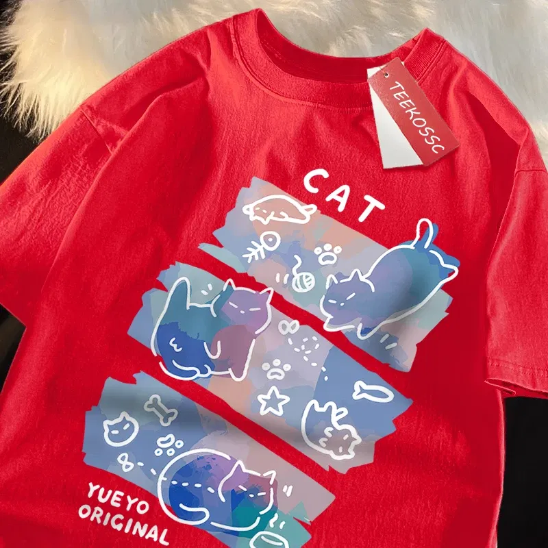 Color: army green, Size: XL - Fun Mischievous Cat Print Japanese Style T-Shirts Men Women Fashion Tshirs Breathable Summer T-Shirts Cotton Loose Tee Clothes