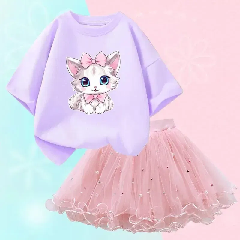 Kid Size: 10T, Color: Beige - Cute Summer Girls Outfits Cartoon Cat T-shirt and Tutu Skirt 2pc/Set Girl Princess Clothes Suit Children Birthday Clothing