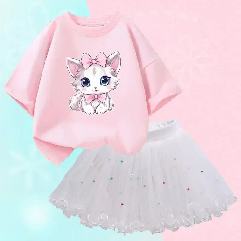 Kid Size: 10T, Color: Beige - Cute Summer Girls Outfits Cartoon Cat T-shirt and Tutu Skirt 2pc/Set Girl Princess Clothes Suit Children Birthday Clothing