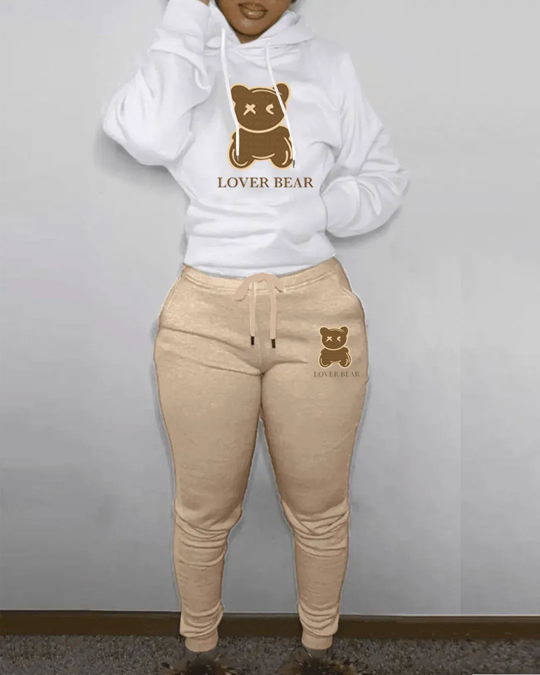 Color: Gold, Size: S - 2 Piece Set Women Outfit Letter Bear Print Hooded Neck Hoodies Sweatshirt Pants Tracksuit 2024 Plus Size Streetwear Casual Suit