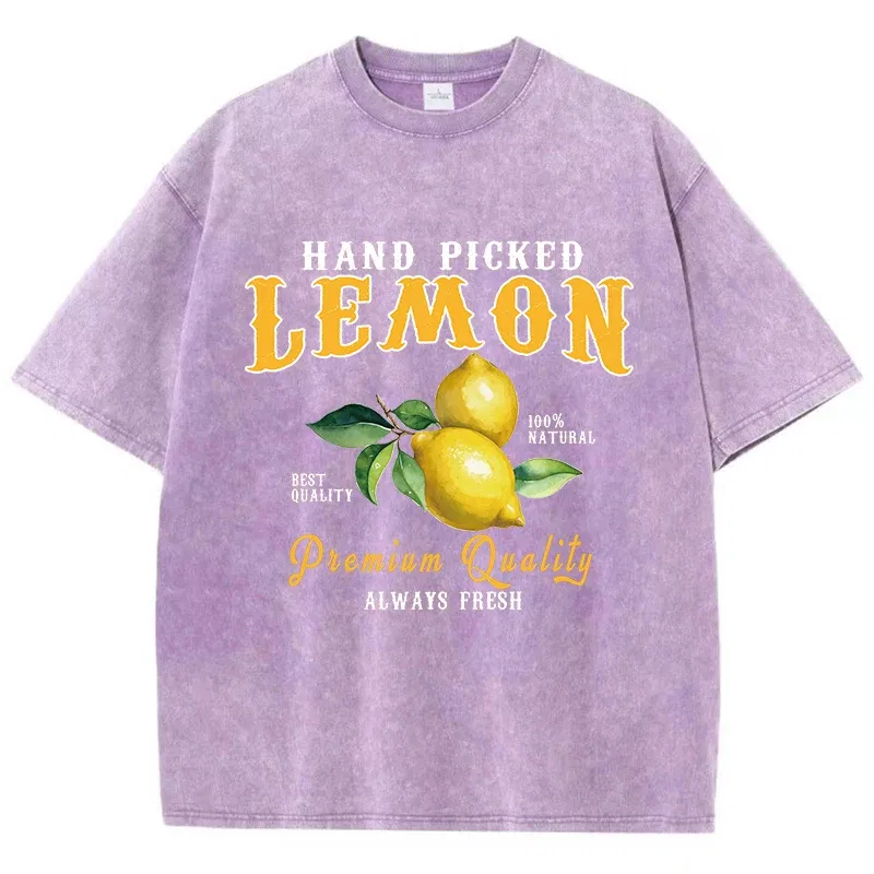 Color: GRAY, Size: XS - Summer Lemon Washed T-Shirts Womens Cotton Oversized O-Neck T Shirts Fresh Fruit Prints Tops Casual Short Sleeve Woman Clothes