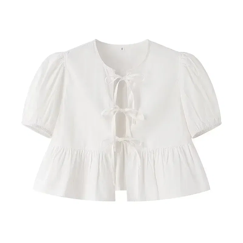 Color: green, Size: M - HXAO Woman 2024 Blouse Puff Sleeve Cropped White Blouse For Women Pleated Cut Out Black Blouse With Tied Leopard Print Top