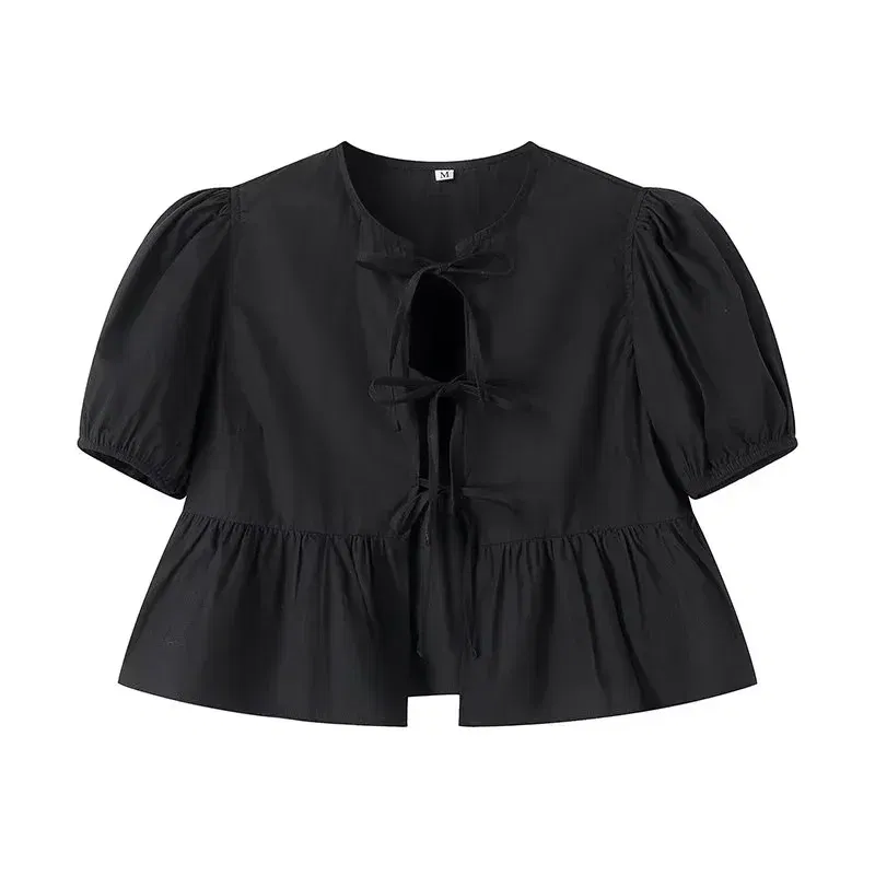 Color: green, Size: M - HXAO Woman 2024 Blouse Puff Sleeve Cropped White Blouse For Women Pleated Cut Out Black Blouse With Tied Leopard Print Top