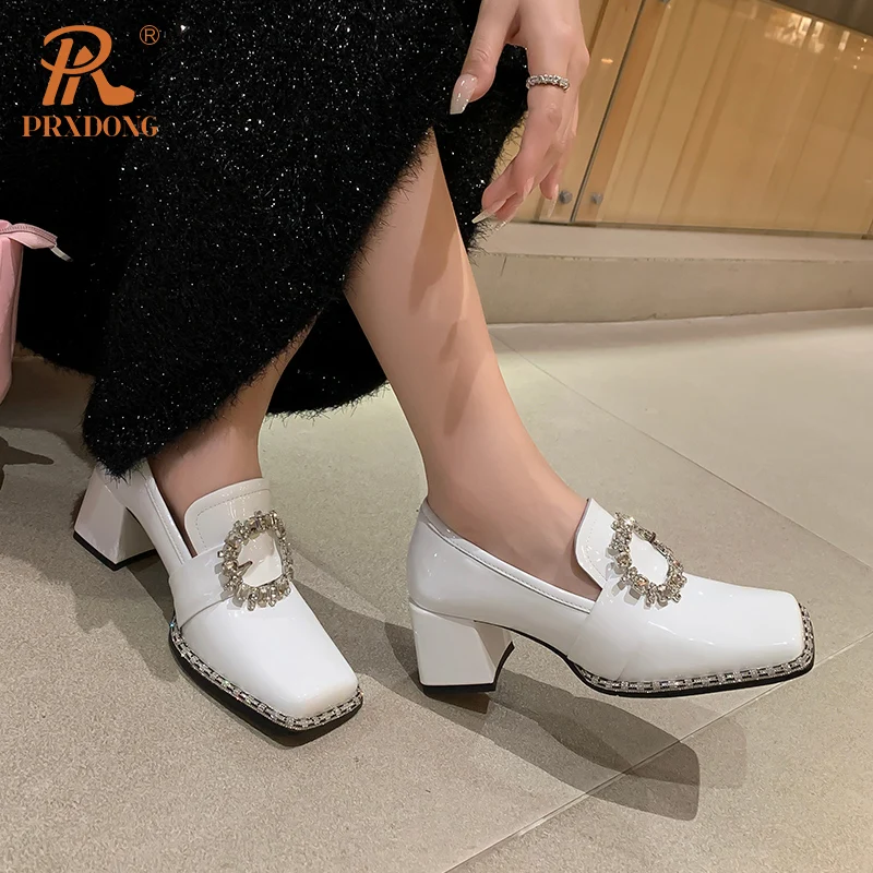 Color: Beige, Shoe Size: 40, Ships From: CHINA - PRXDONG New Arrivals Genuine Leather Spring Summer Women Pumps Square Med Heel Crystal Black White Dress Party Office Lady Shoes