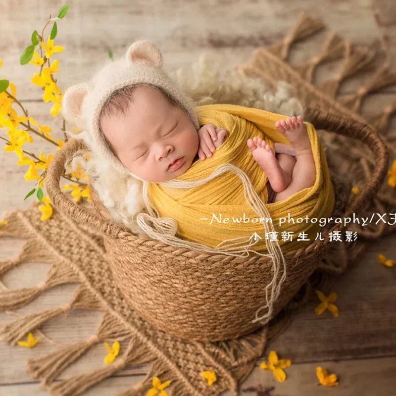 Color: Beige - Newborn Photography Props Wrap Baby Blanket Soft Stretchable Cotton Swaddling Photography Backdrop Babies Accessories