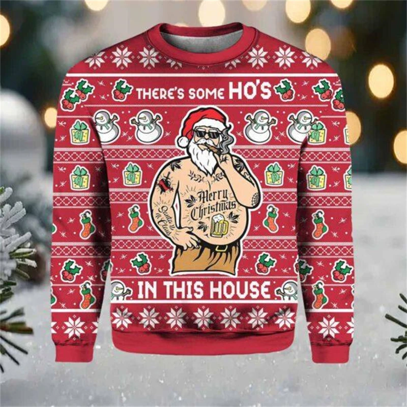 Color: army green, Size: XXXL - Funny Santa Claus Graphic Ugly Christmas Sweater 2026 Men Fashion Autumn Winter 3D Printed Sweatshirt Casual Oversized Pullovers