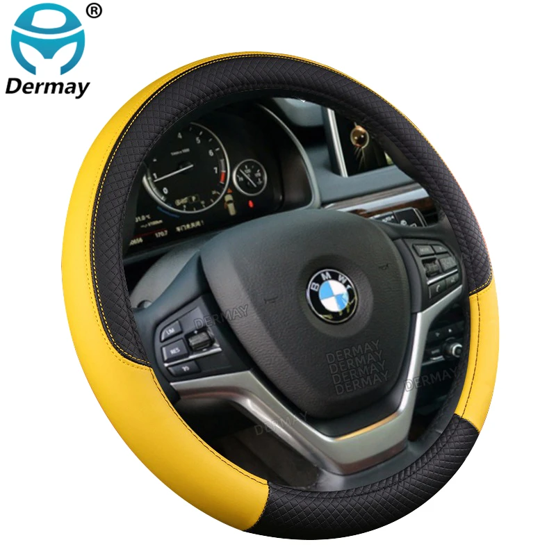 Color Name: Yellow - 9 Color Sport Auto Steering Wheel Covers Anti-Slip Leather Car Steering-wheel Cover Car-styling Anti-catch Holder Protor
