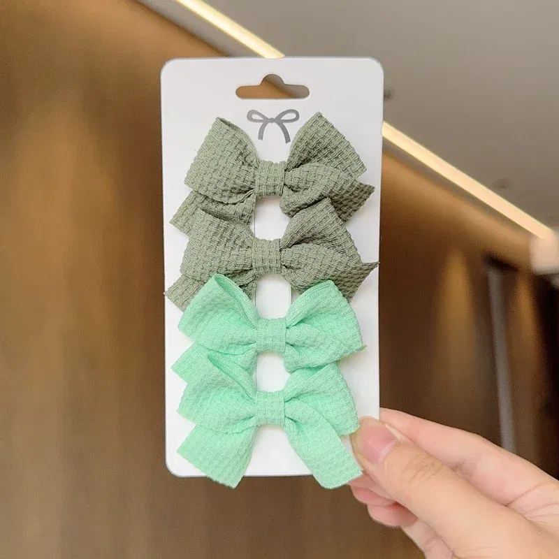 Color: army green - 4PCS Soft Cotton Bow Hairpin Girl Sweet Plaid Design Hairpin Color Block Delicate Hairgripe Barrettes Kawaii Child Accessories