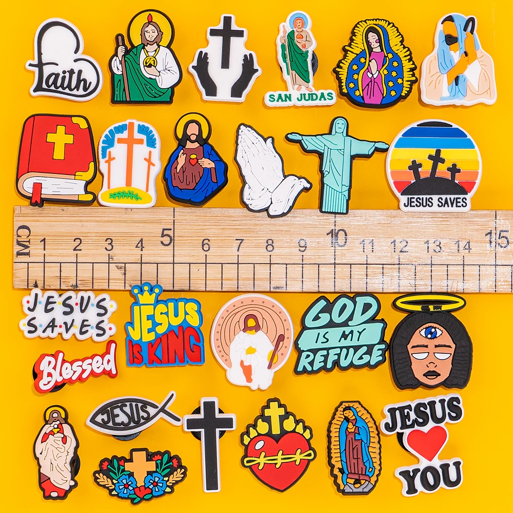 Color: Blue - 1pcs New Shoe Charm Religion PVC Clog Charms Crucifix Blessed Virgin Mary Clog Pin Clips Jeans Garden Sandal Shoe Decoration