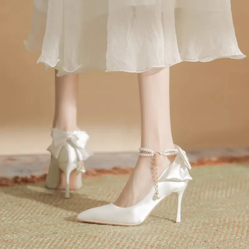 Color: Beige, Shoe Size: 37 - Size 35-40 Stiletto Heel Point Toe Pearls Buckle Belt 9cm High Heel Ladies Bow Satin Fabric White Wedding Shoes Women Pumps