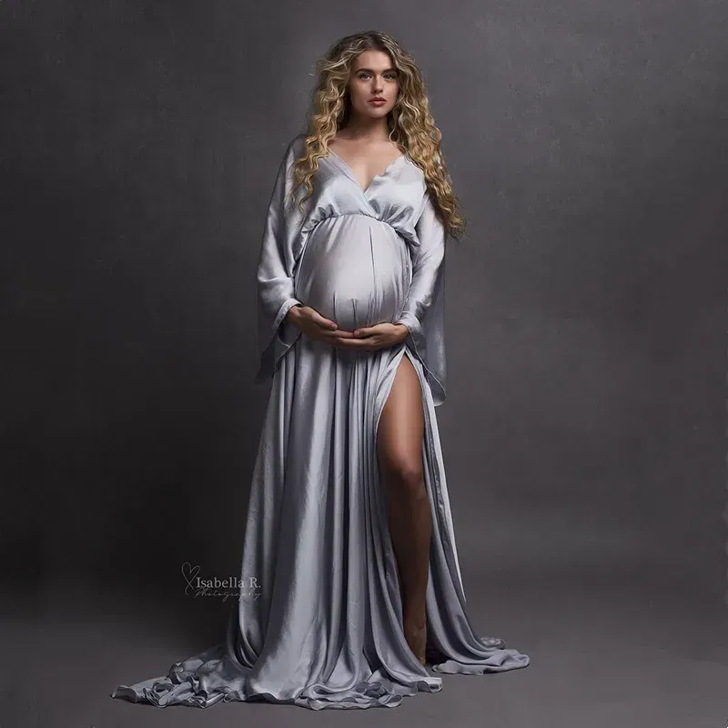 Color: MULTI - Boho Maternity Photography Props V Neck Dresses Free Size Adjustable Soft Pregnancy Photo Shoot Sides Slit For Baby Shower