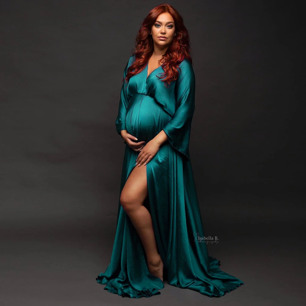 Color: MULTI - Boho Maternity Photography Props V Neck Dresses Free Size Adjustable Soft Pregnancy Photo Shoot Sides Slit For Baby Shower