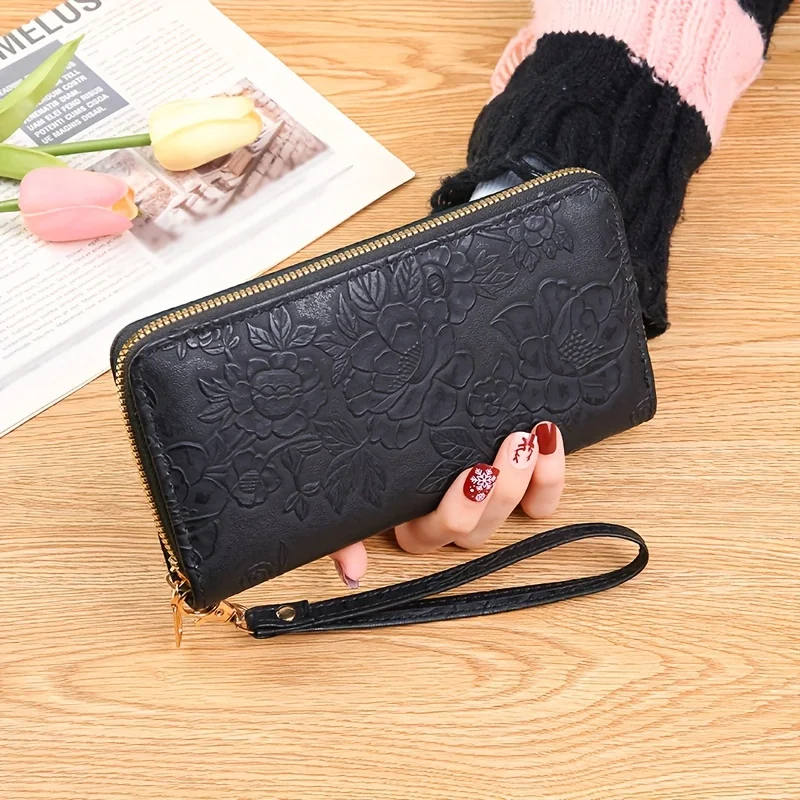 Color: black - Floral Embossed Long Wallet, PU Leather Credit Card Holder, Simple Trendy Phone Coin Clutch Purse For Women Hand-painted Wallet