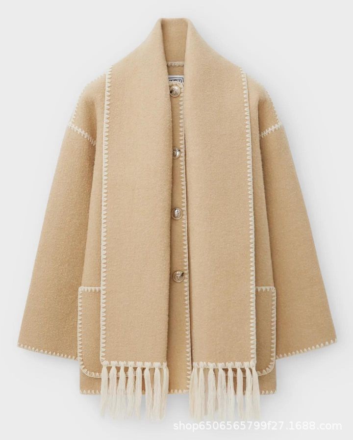 Warm and Stylish Women's Woolen Coat with Tassel Scarf