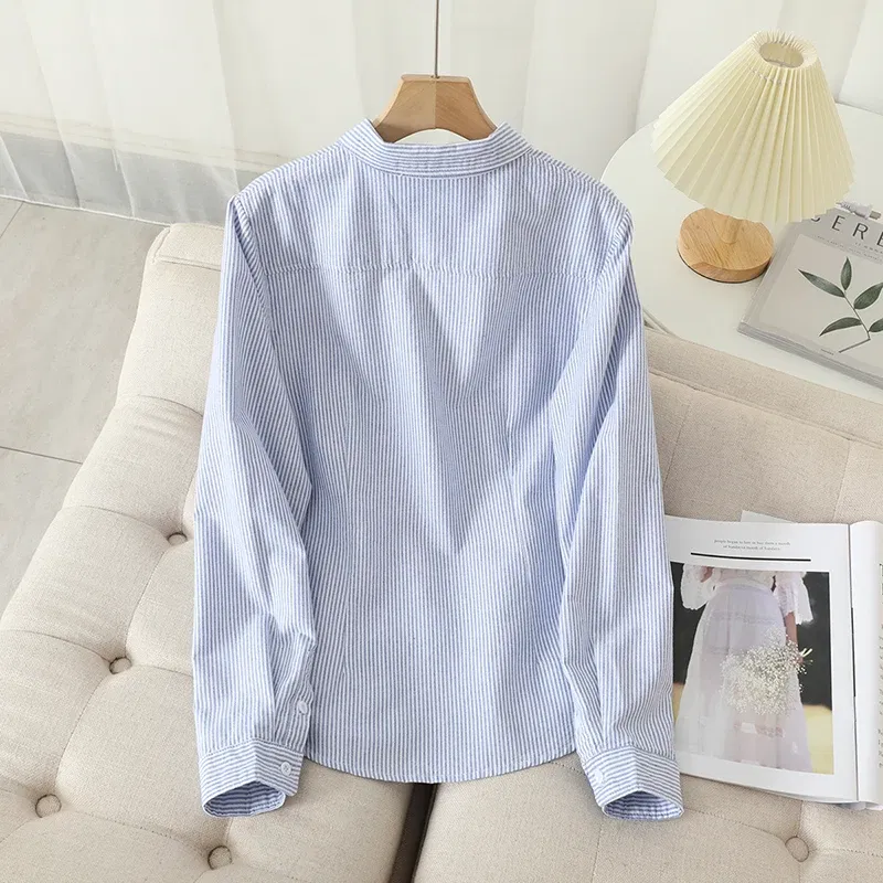 Color: Pink, Size: S - Women's Casual Cotton Oxford Shirt 2023 New Woman Striped Blouse and Tops Simple Solid Lady White Blue Shirts Clothes