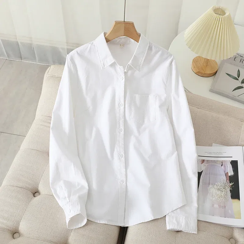 Color: Pink, Size: S - Women's Casual Cotton Oxford Shirt 2023 New Woman Striped Blouse and Tops Simple Solid Lady White Blue Shirts Clothes