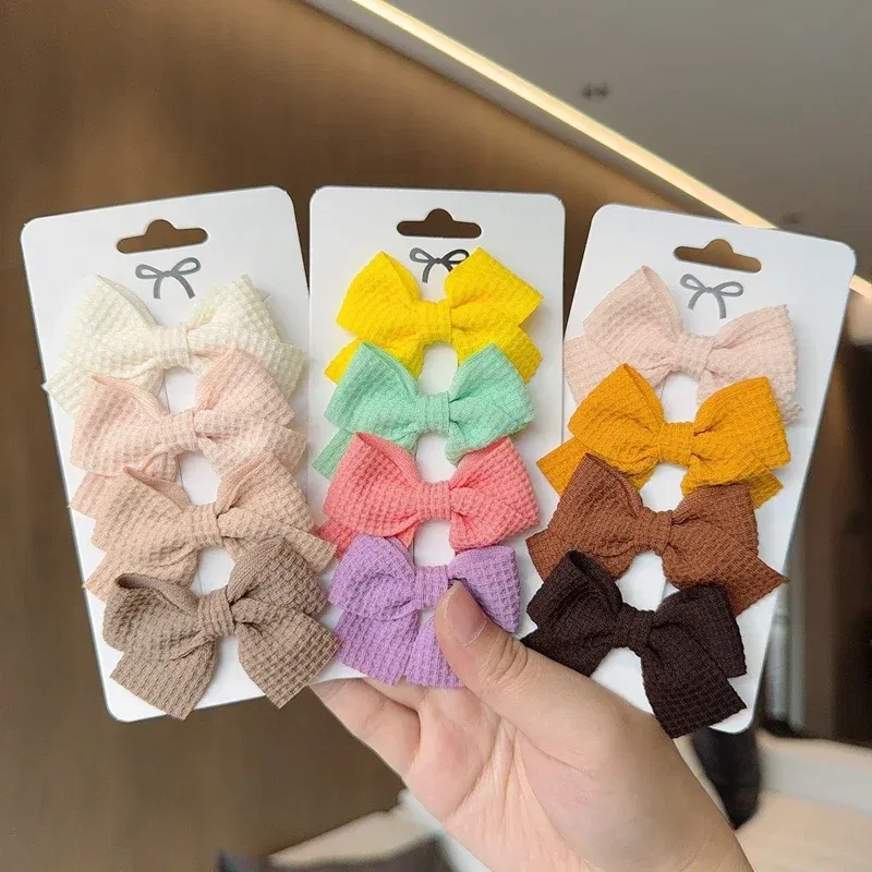 Color: WHITE - 4PCS Soft Cotton Bow Hairpin Girl Sweet Plaid Design Hairpin Color Block Delicate Hairgripe Barrettes Kawaii Child Accessories