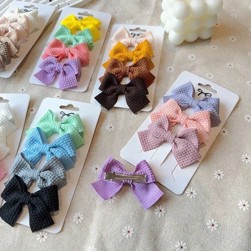 Color: WHITE - 4PCS Soft Cotton Bow Hairpin Girl Sweet Plaid Design Hairpin Color Block Delicate Hairgripe Barrettes Kawaii Child Accessories