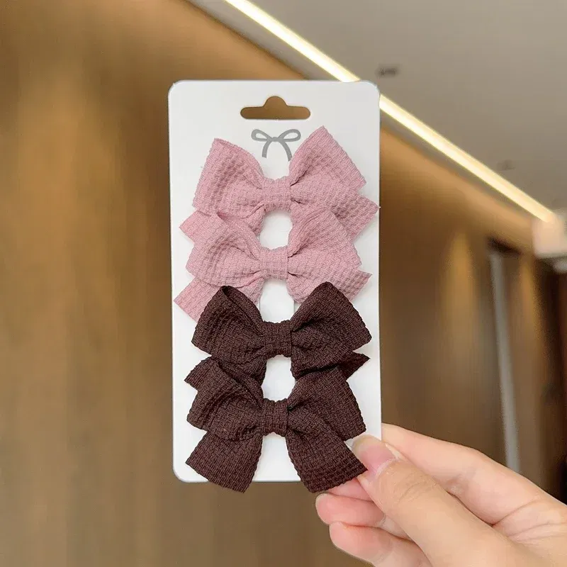 Color: WHITE - 4PCS Soft Cotton Bow Hairpin Girl Sweet Plaid Design Hairpin Color Block Delicate Hairgripe Barrettes Kawaii Child Accessories