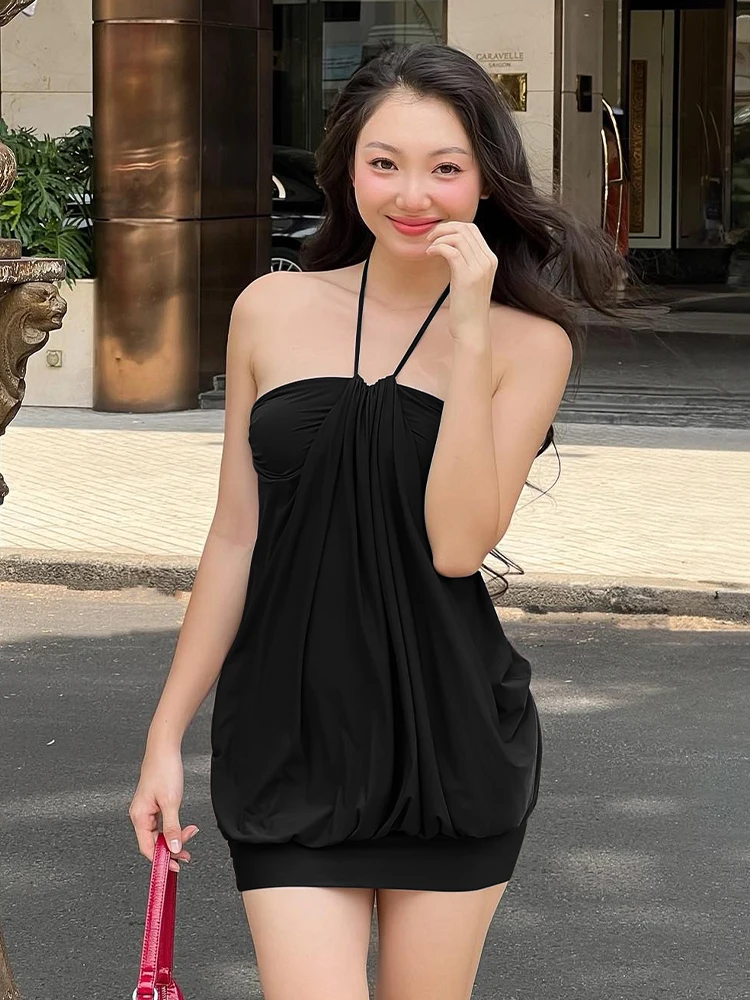 Color: black, Size: M - Dulzura Sexy Mini Halter Ruched Backless Short Dress Solid Sleeveless Women Dresses Summer Lady Party Birthday Club Clothes Y2K