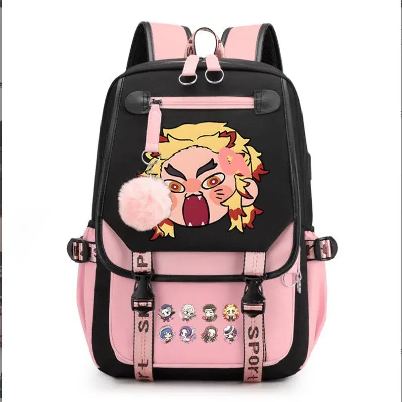 Color: Silver, Size: 17 Inches - Demon Slayer Backpack Schoolbag USB Laptop Bag Tokitou Muichirou Kanroji Mitsuri Men Women Rucksack Travel Shoulder Outdoor Bags