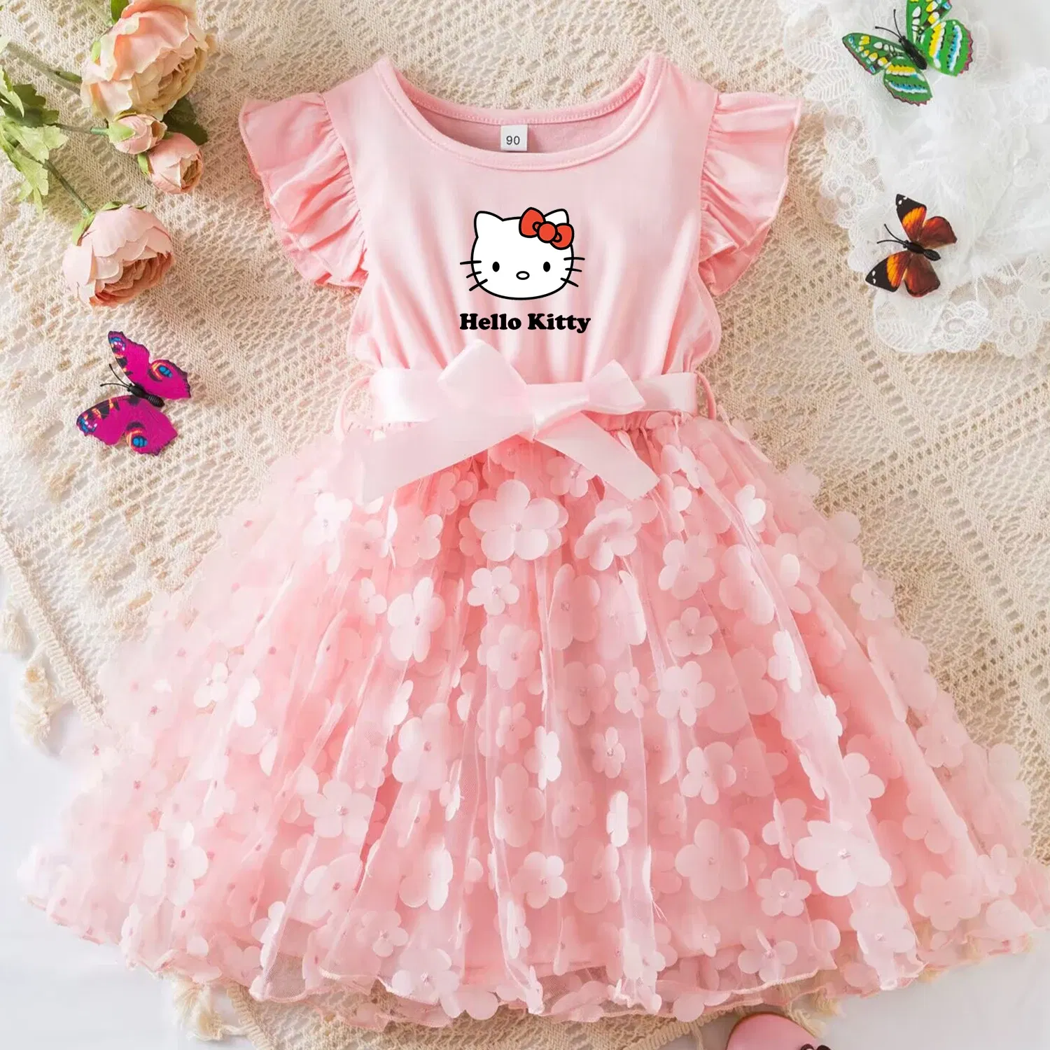 Color: green, Size: M - Hello Kitty Summer Dress for Kid's Casual Clothes 3D Butterfly Cute Baby Girls Princess Dress Party Dresses 2-6 Yrs