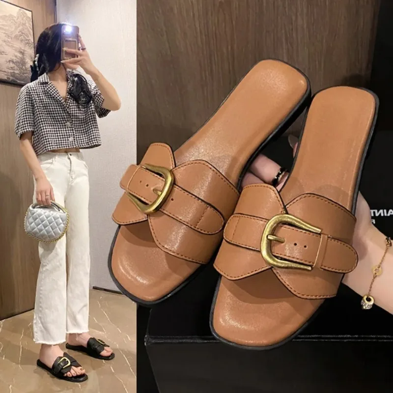 Color: Brown, Shoe Size: 40 - Slippers Casual Fretwork Heels String Bead Shoes Woman 2024 Pantofle Shale Female Beach Luxury Soft Flat New Sabot Fashion Slide