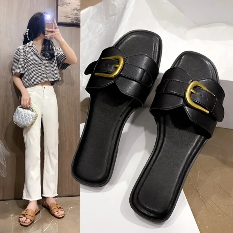 Color: Brown, Shoe Size: 40 - Slippers Casual Fretwork Heels String Bead Shoes Woman 2024 Pantofle Shale Female Beach Luxury Soft Flat New Sabot Fashion Slide