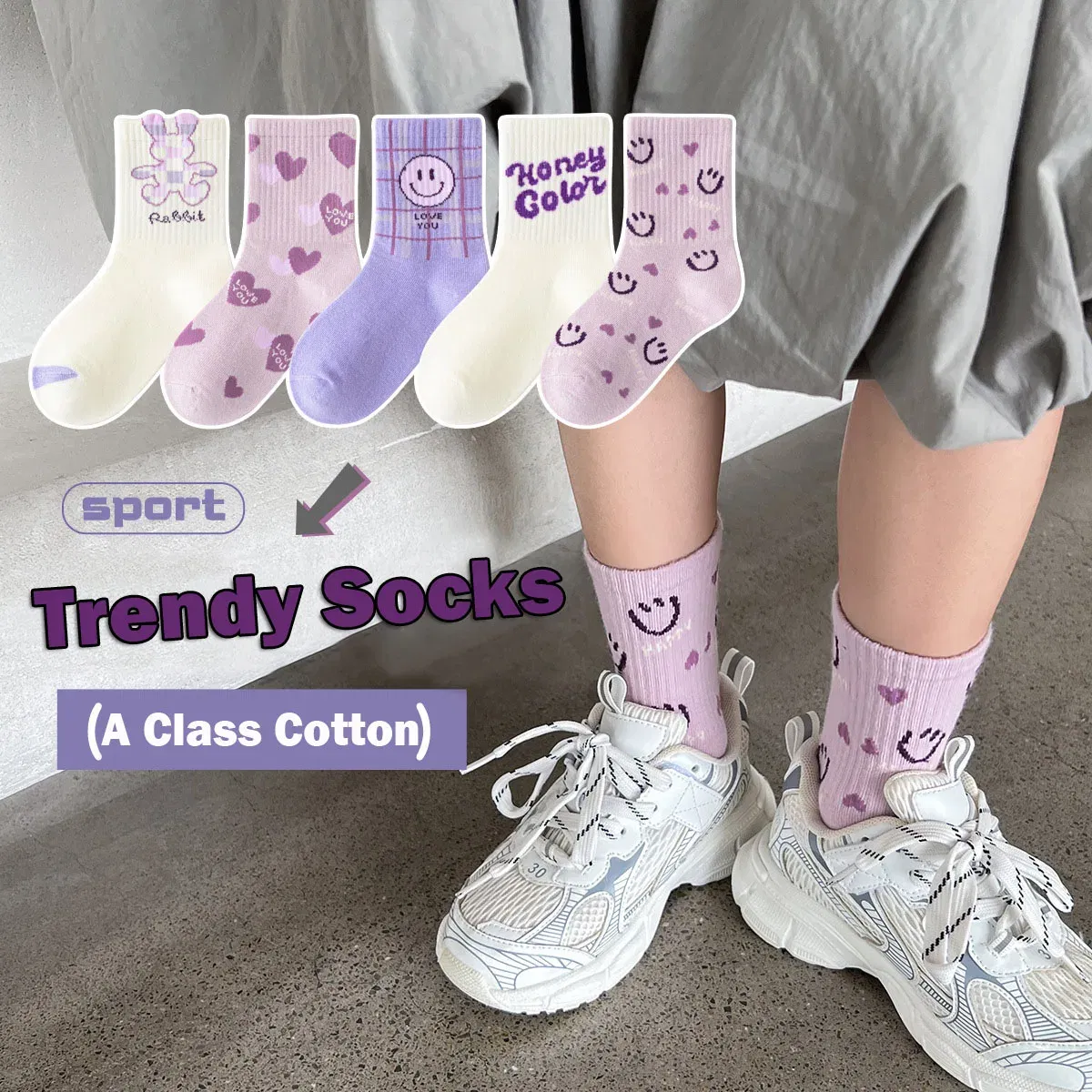 Color: Beige, Size: 4-6T - 5 Pairs Girls Socks Cotton Socks Spring Autumn Letter Pattern Calf Socks A Class Sporty Socks
