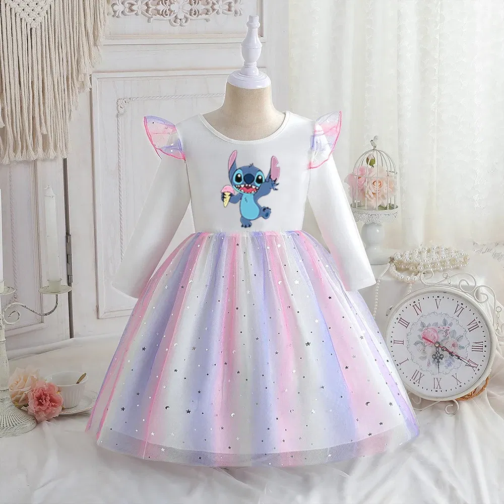 Color: Brown, Kid Size: 6 - Stitch Princess Dress Autumn New Disney Baby Girls Dress Spring Autumn Long-sleeved For Children Kids Clothes Birthday Party