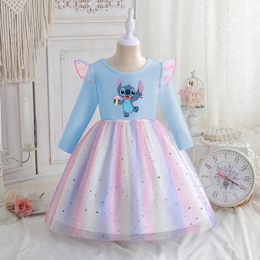 Color: Brown, Kid Size: 6 - Stitch Princess Dress Autumn New Disney Baby Girls Dress Spring Autumn Long-sleeved For Children Kids Clothes Birthday Party