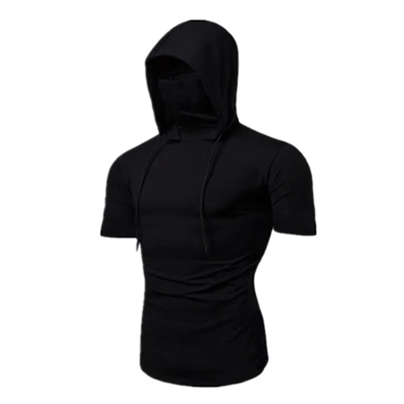 Color: Red, Size: M - Mens Gym Thin Hoodie Short Sleeve Hoodies With Mask Sweatshirt Casual Splice Large Mask Hoodie Sweatshirt Hooded Tops Cycling