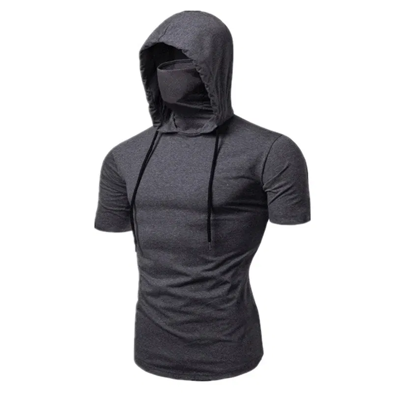 Color: Red, Size: M - Mens Gym Thin Hoodie Short Sleeve Hoodies With Mask Sweatshirt Casual Splice Large Mask Hoodie Sweatshirt Hooded Tops Cycling