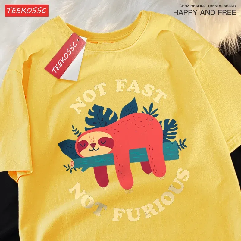 Color: Dark Grey, Size: S - Not Fast Not Furious Cute Sloth Male T Shirts Hip Hop Crewneck Short Sleeve Summer Cotton Tops Casual Sweat Oversized T-Shirts
