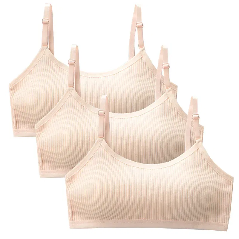 Color: Brown, Kid Size: 2T - 3pcs Cotton Children Innerwear Girls Bras Removable Sponge Cup Puberty Students Training Bras Breathable Teenage Girl Brassieres
