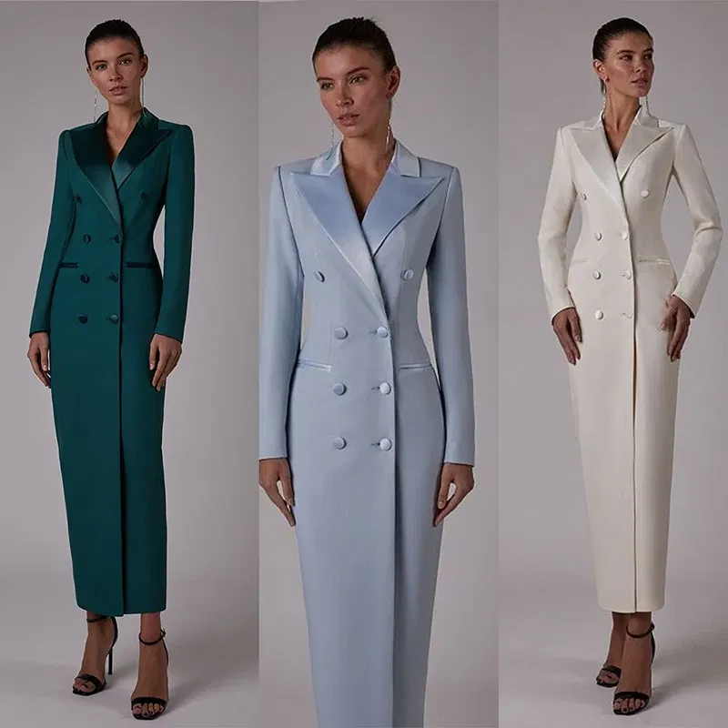 Color: Beige, Size: S - Women's Suit Long Jacket One Piece Blazer Double Breasted Formal Tuxedo Party Dress кос?‚юм ?¶?µнский