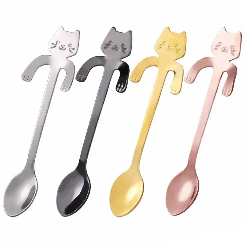 Color: black - Stainless Steel Coffee Spoon Lovely Cute Cat Shape Teaspoon Dessert Snack Scoop Ice Cream Mini Spoons Tableware Kitchen Tools