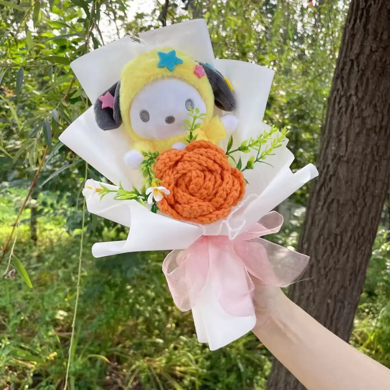 Color: SKY BLUE - Kawaii Hello Kitty Cat Dolls With Artificial Flowers Creative Bouquet Christmas Valentine Birthday Graduation Gifts