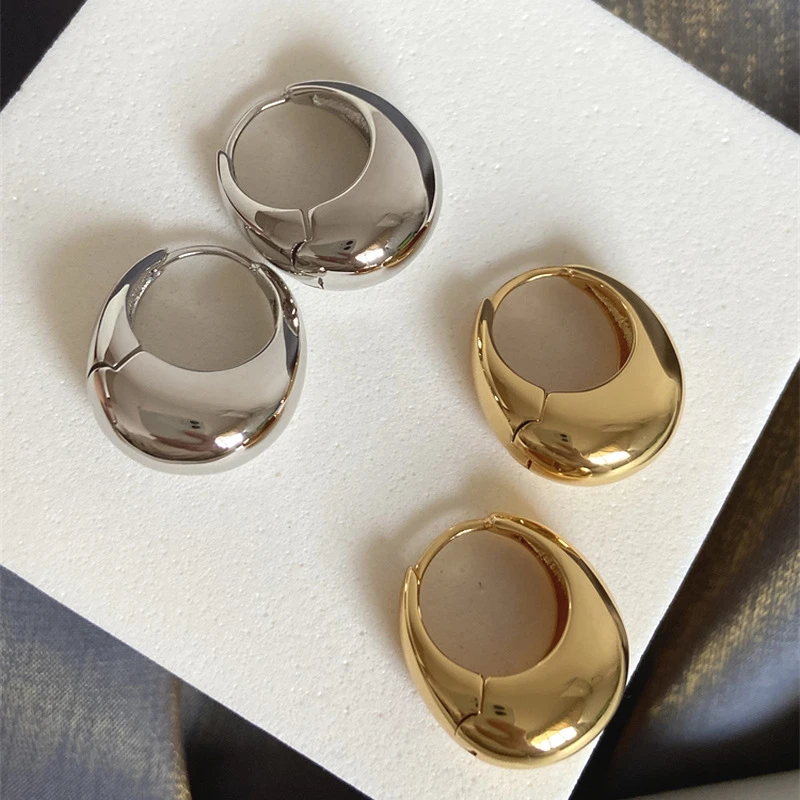Metal Color: Gold-color - Stainless Steel Smooth Metal Chunky Hoop Earrings For Women Girls Fashion Round Circle Hoops Statement Earrings Punk Jewelry