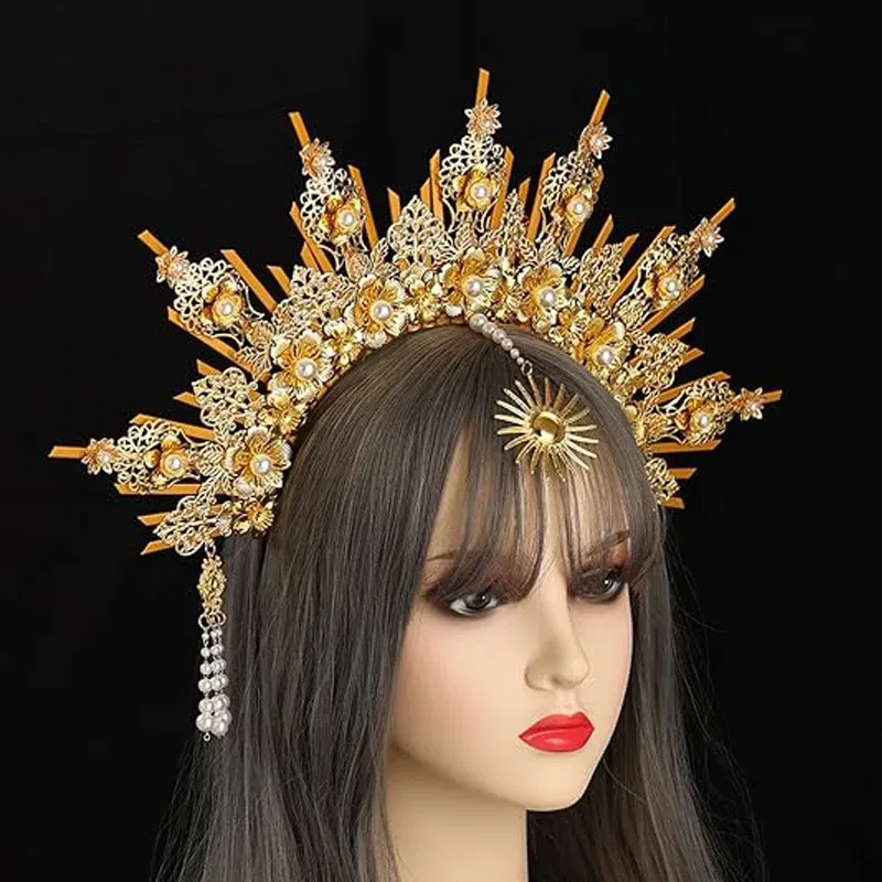 Color: Orange - MATERIAL PACKAGE Sunburst Goddess Gold Spike Mary Halo Crown Headpiece NYLON ZIP TIE Wedding Bride Hair Band Tiar