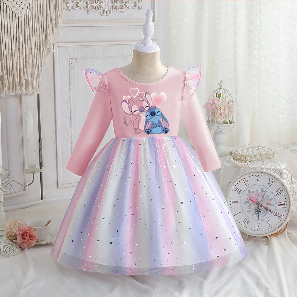 Color: Beige, Kid Size: 2T - Stitch Princess Dress Autumn New Disney Baby Girls Dress Spring Autumn Long-sleeved For Children Kids Clothes Birthday Party