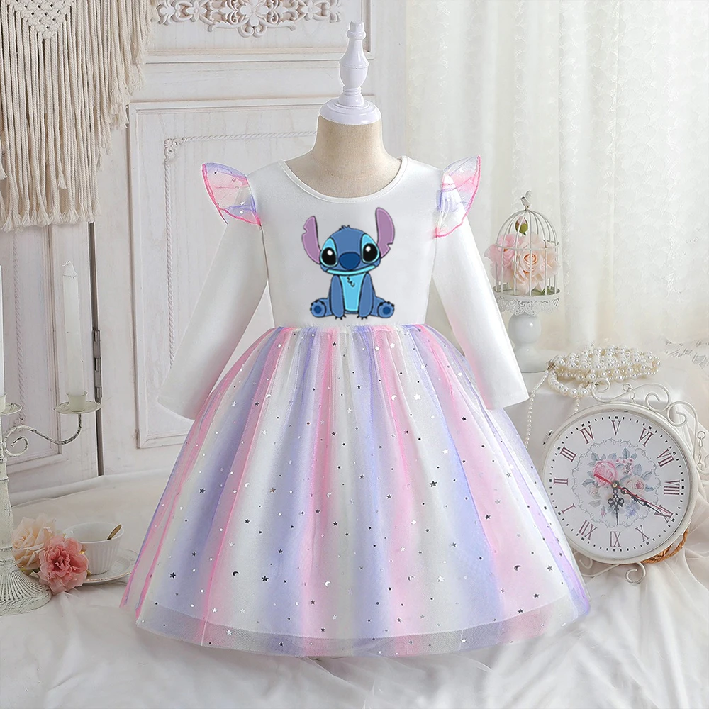 Color: Beige, Kid Size: 2T - Stitch Princess Dress Autumn New Disney Baby Girls Dress Spring Autumn Long-sleeved For Children Kids Clothes Birthday Party