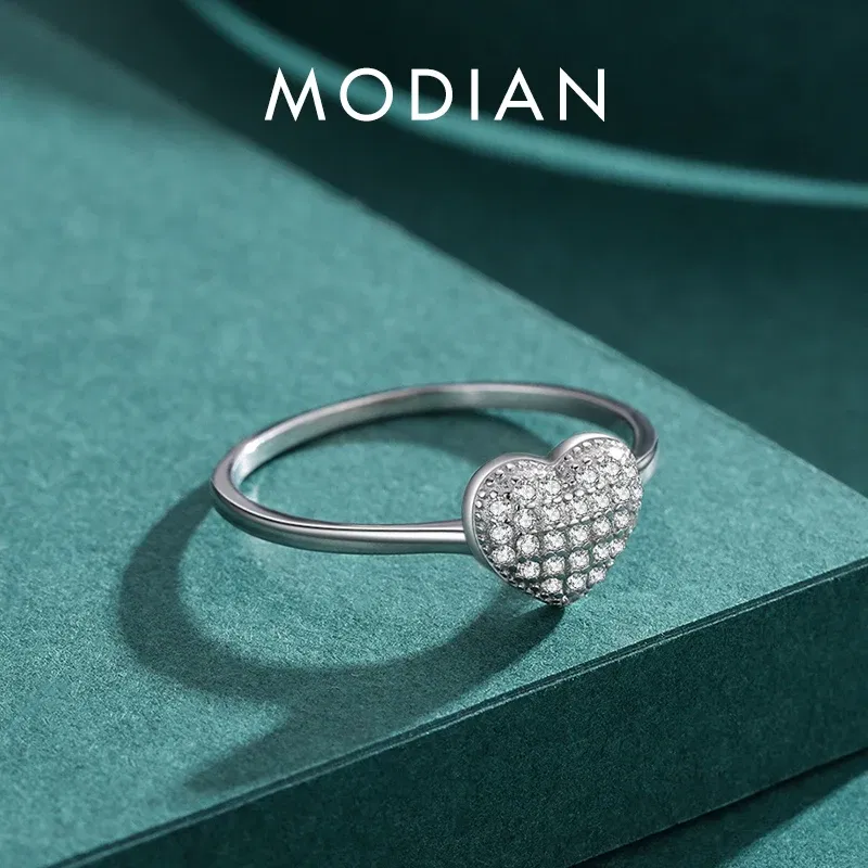 Gem Color: silver, Ring Size: 7 - MODIAN 925 Sterling Silver Delicate Romantic Love Heart Finger Ring Zirconia For Women Fine Jewelry Valentine Day Gift