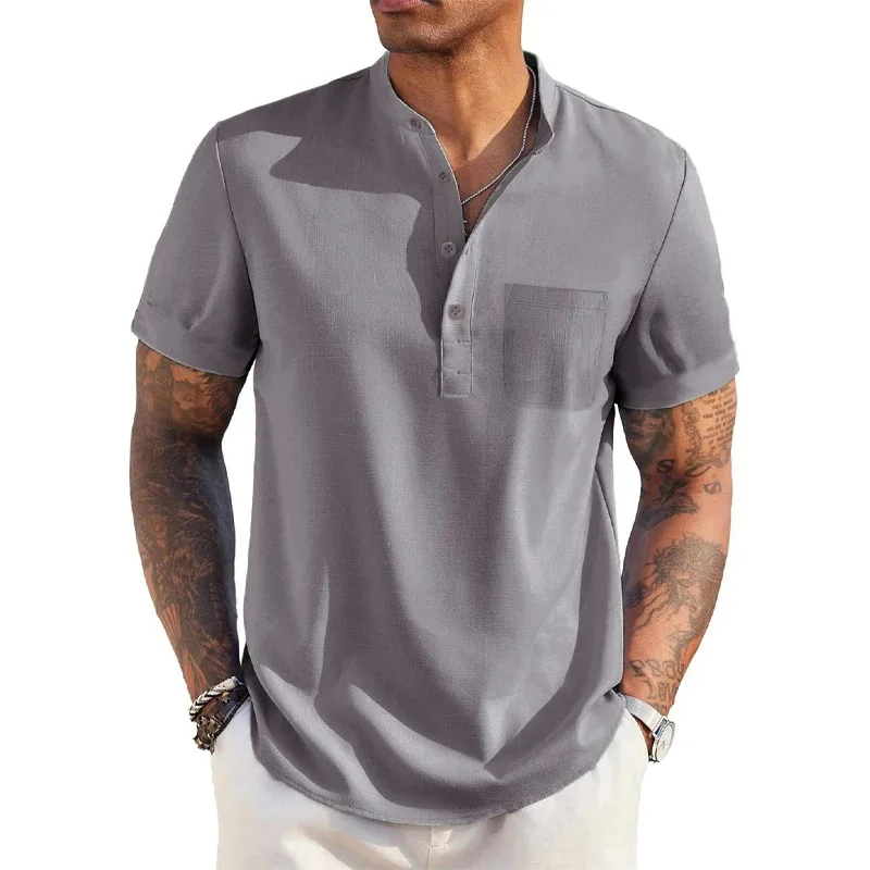 Color: WHITE, Size: S - Summer Men's Cotton Linen T-Shirt Henley Neck Pocket Casual Lightweight Breathable Beach Shirt Solid Color Basic Style Tops