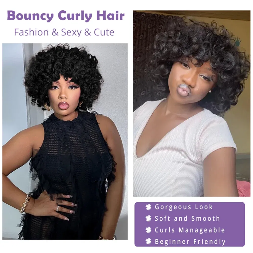 Hair Color: LYD1B/99J, Ships From: CHINA, Stretched Length: 18inches, Density: 150% - Afro Rose Curly Funmi Wigs with Bang Short Bouncy Curly Bob Wig With Bangs Machine Made Rose Curl Human Hair Wig For Black Women