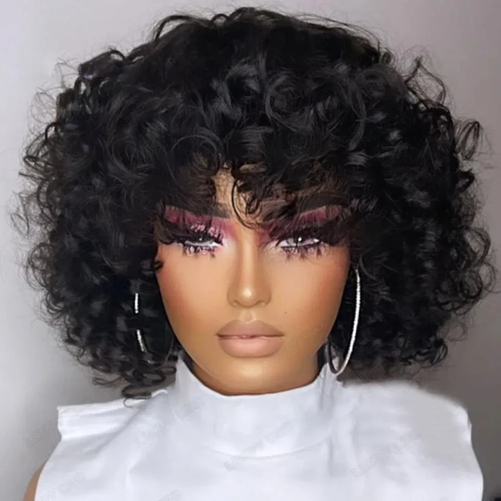 Hair Color: LYD1B/99J, Ships From: CHINA, Stretched Length: 18inches, Density: 150% - Afro Rose Curly Funmi Wigs with Bang Short Bouncy Curly Bob Wig With Bangs Machine Made Rose Curl Human Hair Wig For Black Women